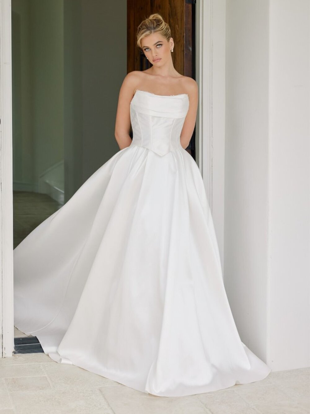 New White Strapless Off White Long Wedding Satin Gown w/ Layered Skirt NX JE1073